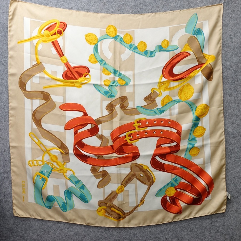 Celine Silk Scarf Womens Cream Equestrian VINTAGE Italian Luxury Authentic 86 cm